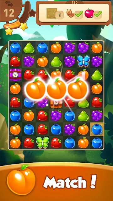 Three apricots lining up on a fruit grid, with the stage quota shown in the panel above