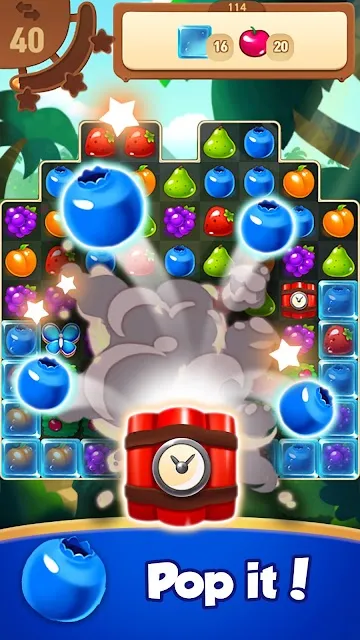 A bomb piece detonating in the middle of a fruit board, forty moves left on the counter